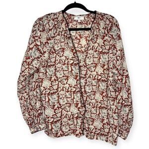 MKT studio Floral Long Sleeve Blouse autumn hues 100% cotton womens sz 40 large
